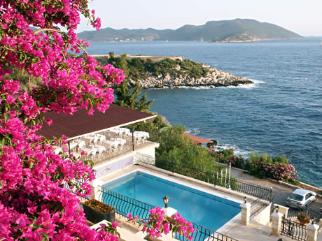 Terrace with flowers and pool in kas antalya photo